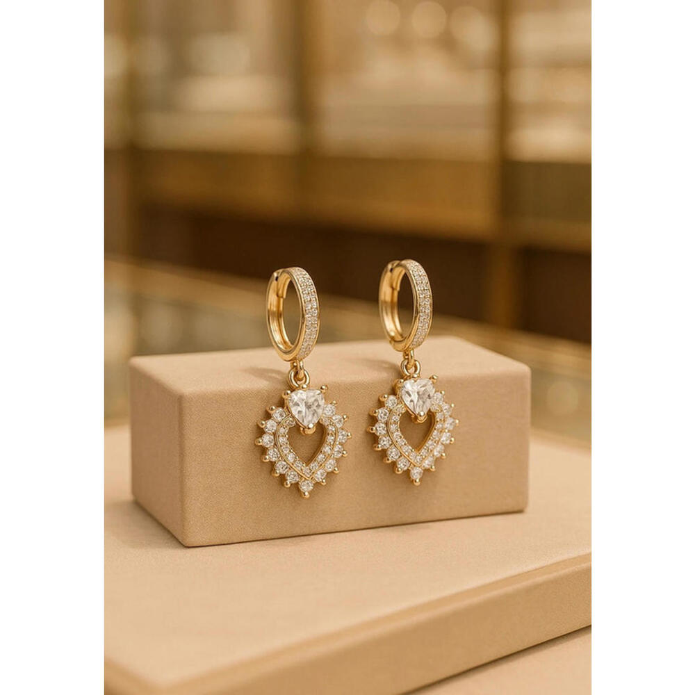 Gold Tone CZ Heart Drop Huggie Hoop Earrings Open Heart Halo Romantic - Picture 2 of 4
